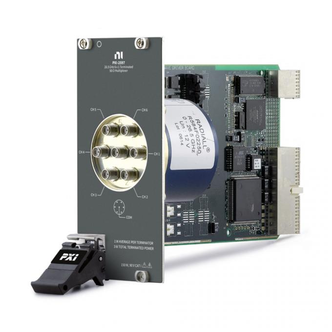 Front view of NI PXI-2597 RF Multiplexer Switch โมดูล showing SMA connectors