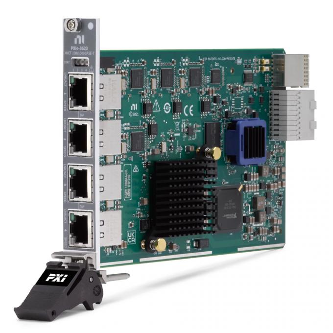 Side view of الصكوك الوطنية PXIe-8623 module showing connectivity ports
